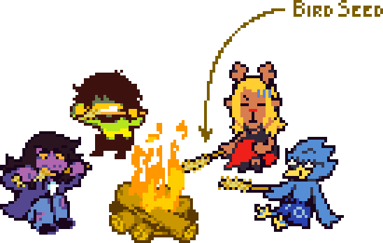 deltarune party members around a campfire